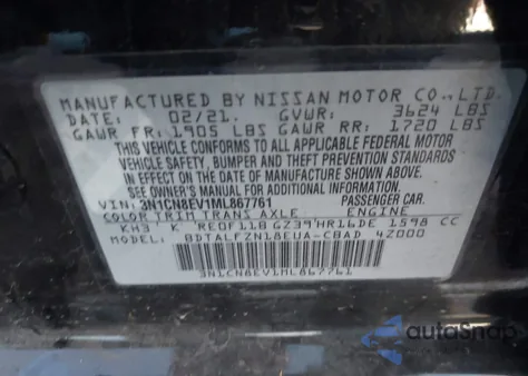 2021 Nissan Versa Sv Xtronic Cvt from USA, damaged, VIN 3N1CN8EV1ML867761